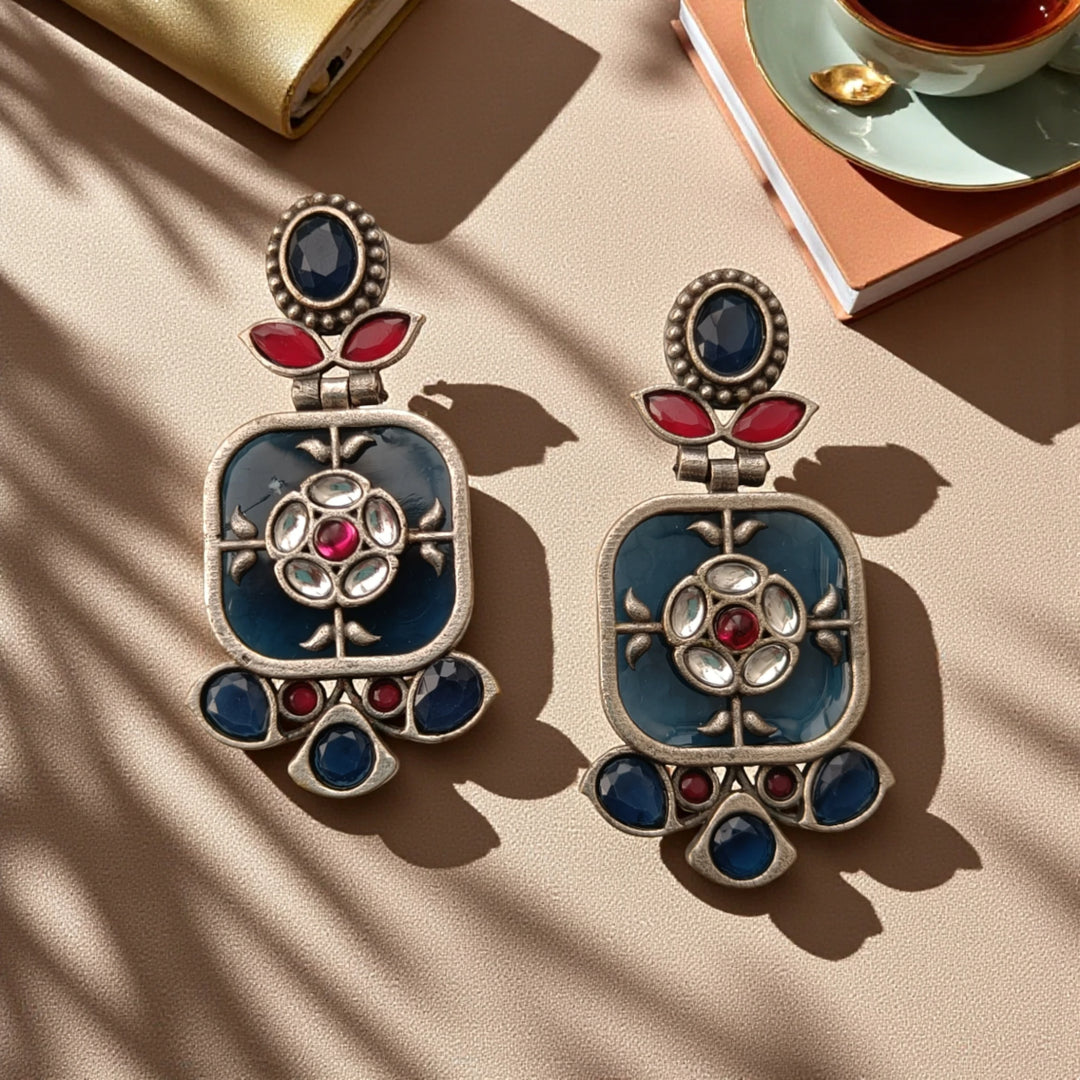 Classic Gavi silver plated dangler earrings in blue – timeless handcrafted ethnic jewellery by Tela Naari
