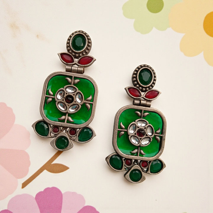 Classic Gavi silver plated dangler earrings in green – elegant handcrafted ethnic jewellery by Tela Naari
