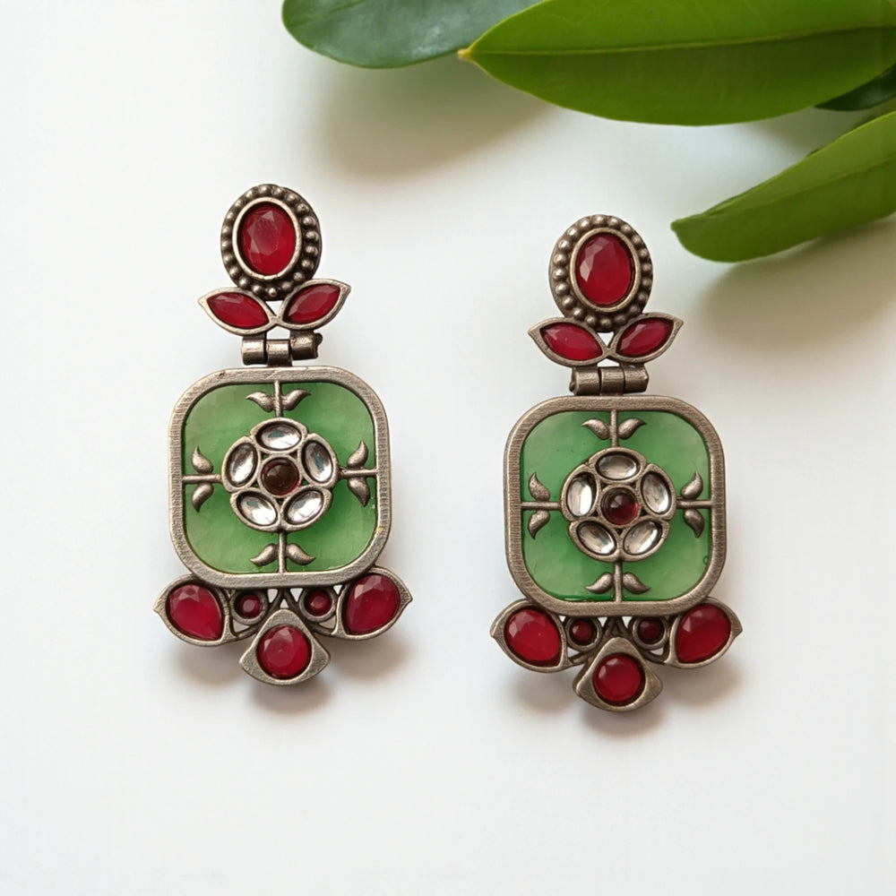 Classic Gavi silver plated dangler earrings in light green – handcrafted ethnic jewellery by Tela Naari
