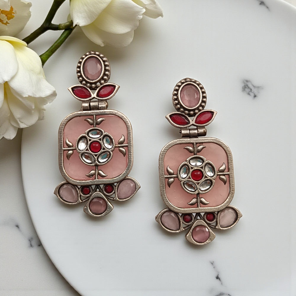 Classic Gavi silver plated dangler earrings in pink – elegant handcrafted festive jewellery by Tela Naari

