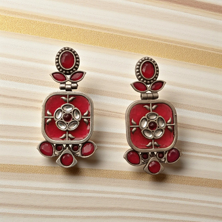 Classic Gavi silver plated dangler earrings in red – festive handcrafted ethnic jewellery by Tela Naari

