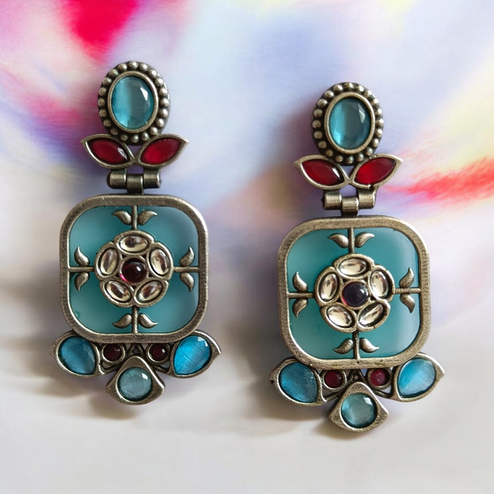 Classic Gavi silver plated dangler earrings in sky blue – stylish handcrafted ethnic jewellery by Tela Naari
