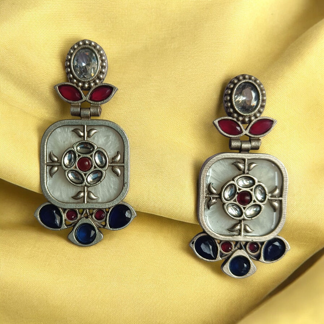 Classic Gavi silver plated dangler earrings in white – minimal handcrafted ethnic jewellery by Tela Naari
