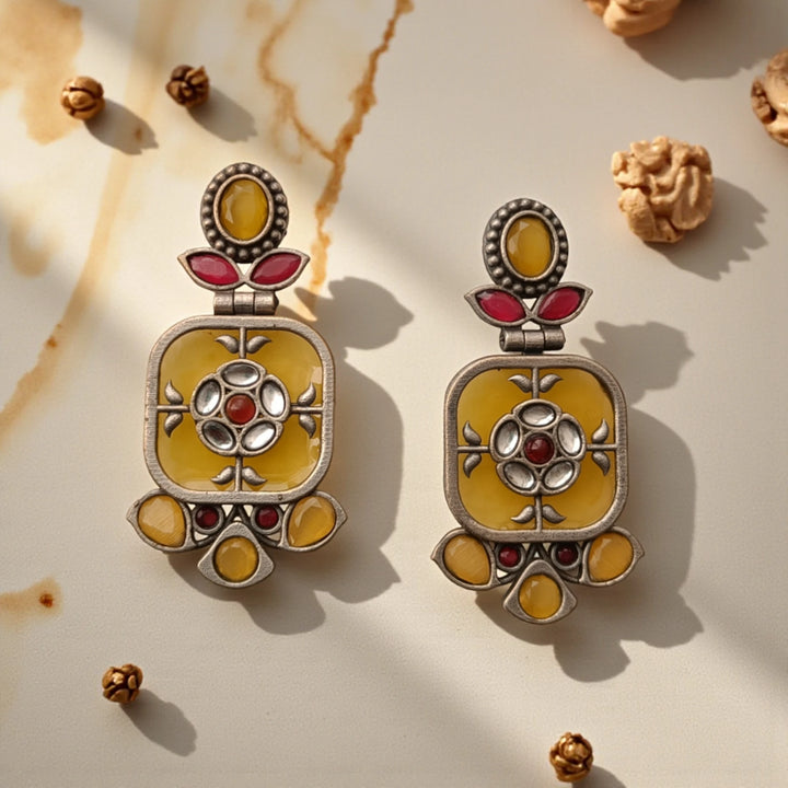 Classic Gavi silver plated dangler earrings in yellow – bright handcrafted ethnic jewellery by Tela Naari
