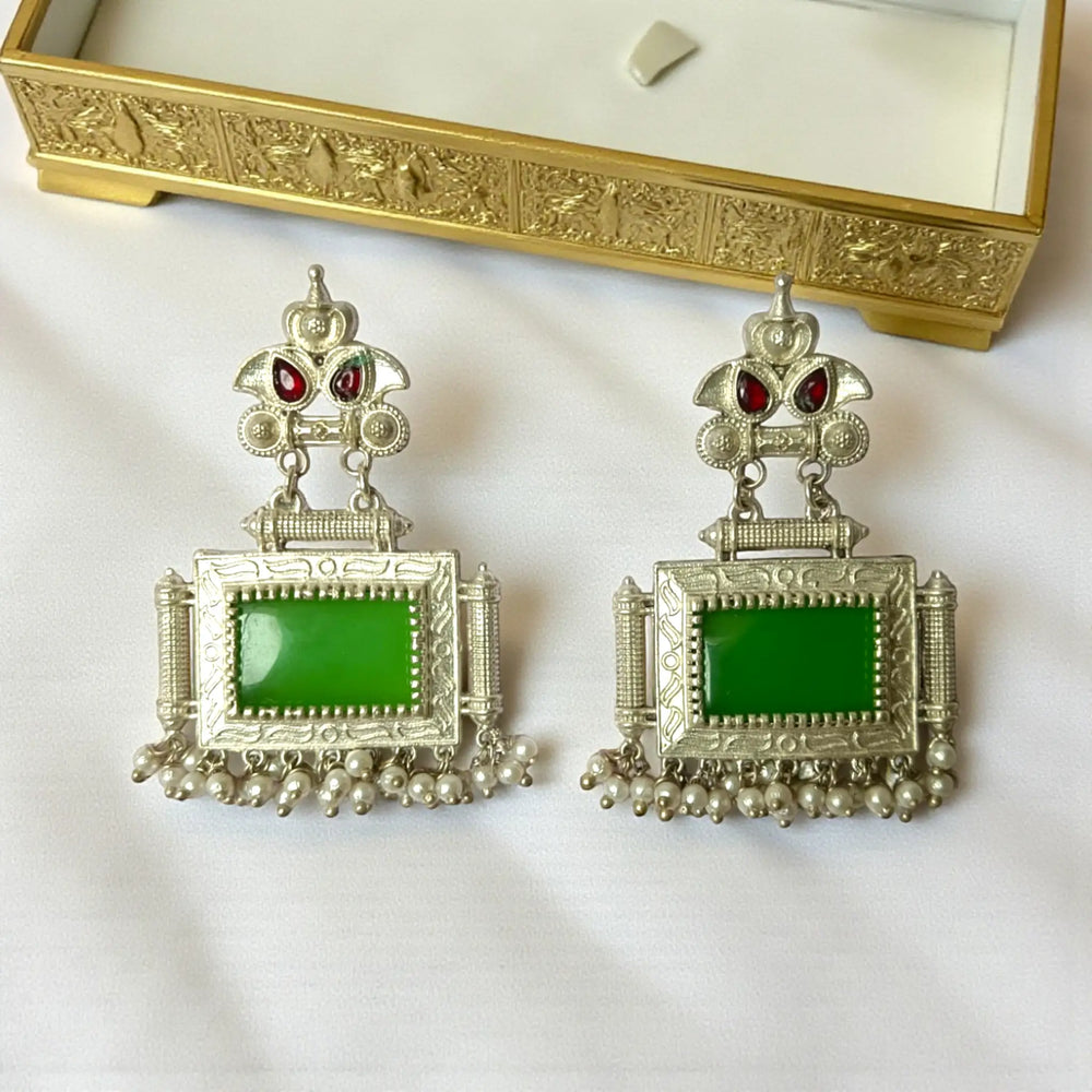 Bharati oxidised silver pearl earrings with green detailing — best for haldi, mehendi, and vibrant festive wear.
