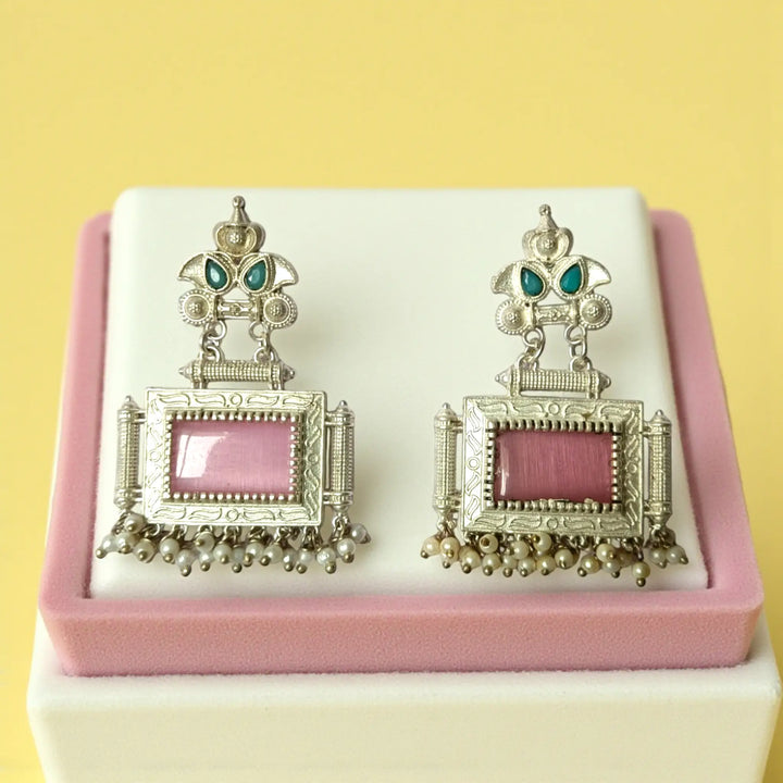 Bharati oxidised silver pearl earrings with pink stones — elegant for weddings, festive nights, and romantic evening wear.
