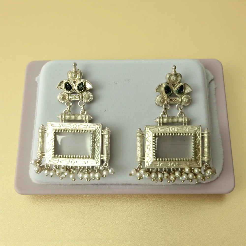 Bharati oxidised silver pearl earrings in white — timeless elegance for office wear, classic outfits, and graceful occasions.
