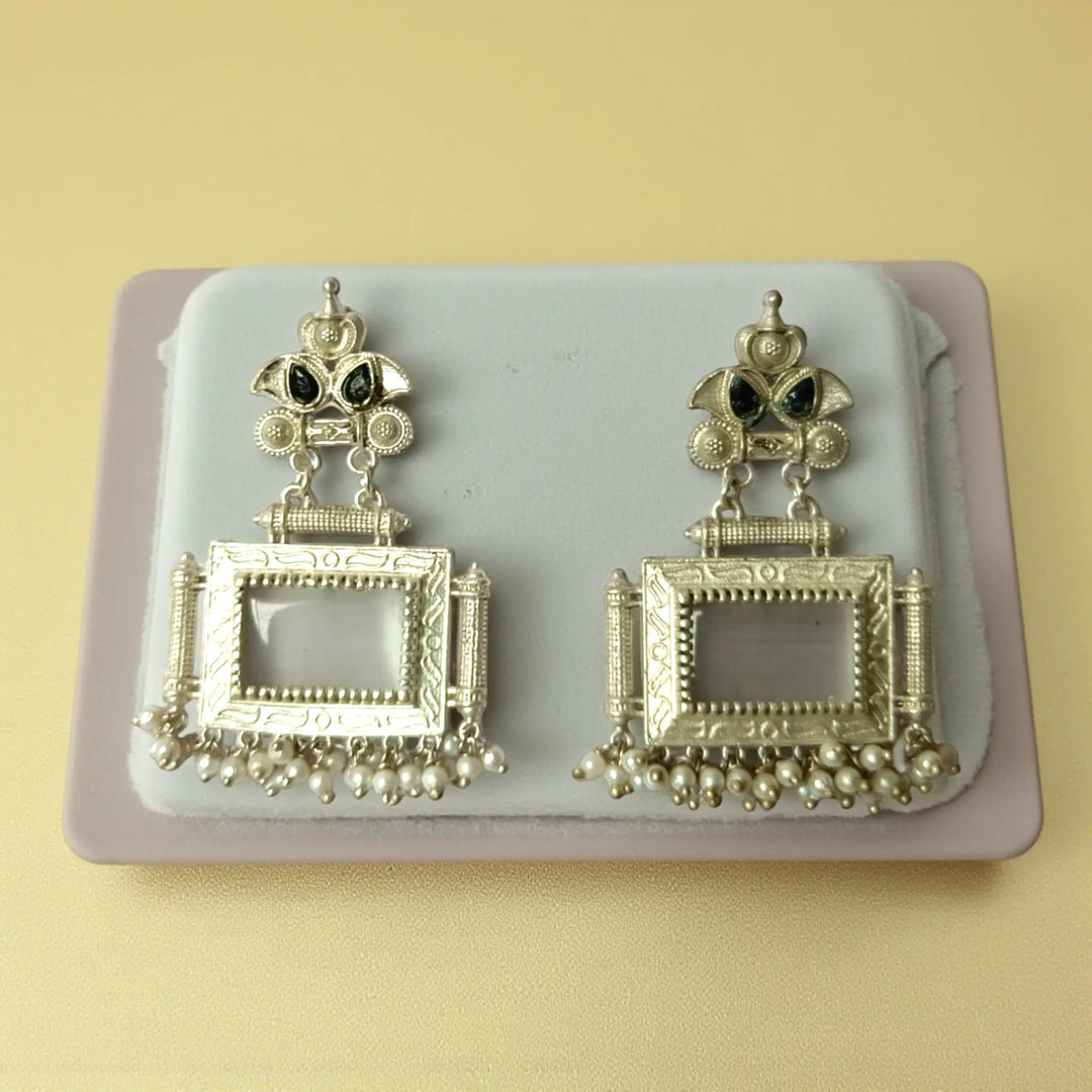 Bharati oxidised silver pearl earrings in white — timeless elegance for office wear, classic outfits, and graceful occasions.
