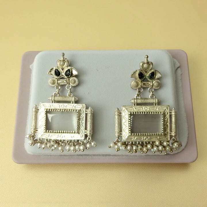 Bharati oxidised silver pearl earrings in white — timeless elegance for office wear, classic outfits, and graceful occasions.
