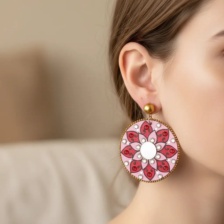 HANDMADE MANDALA PINK HAND FLORAL PAINTED EARRINGS