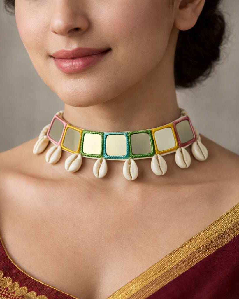Cheerful pastel threads shape the silhouette of this choker.