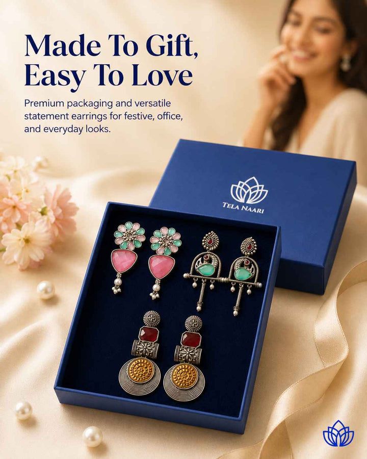 Corporate gifting shot: Diwali Bluma Hamper with 3 Pairs of Earrings and Premium Box