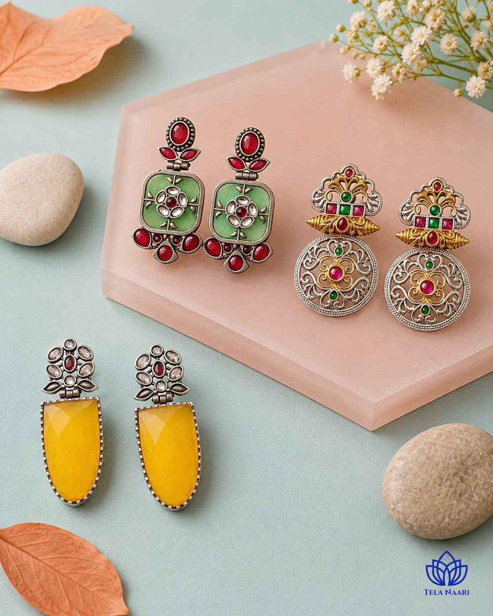 Cover shot: gift-ready Ganesh Chaturthi Primrose Festive Hamper Premium Box with 3 Pairs of handcrafted Earrings, silver-plated oxidised finish