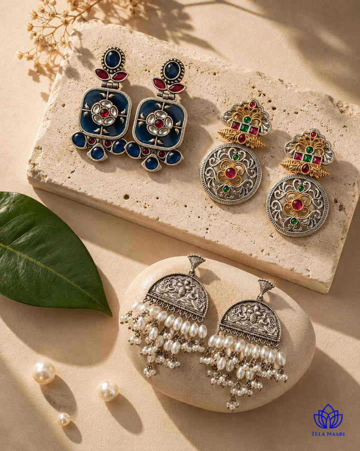Cover shot: jewellery Raksha Bandhan Gardenia Festive Gift Hamper with earrings, necklace and bracelet, silver-plated oxidised finish