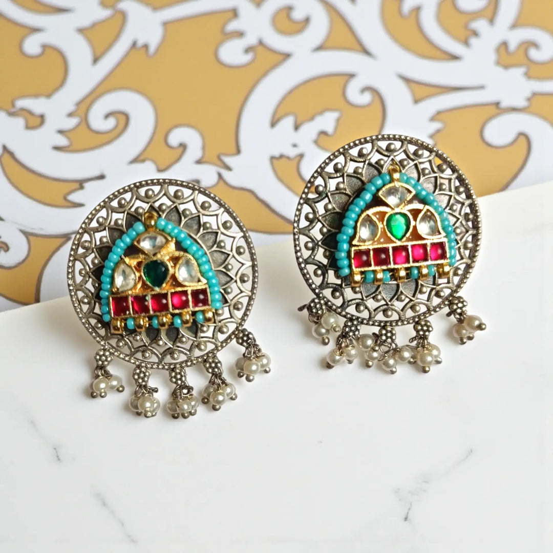 Anuradha Dual Tone Fushion Pachi Kundan Silver Plated Earrings