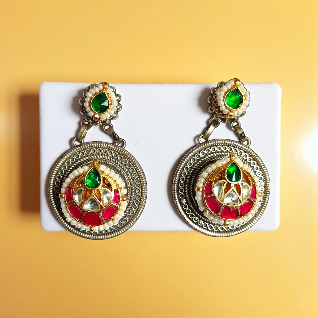Telanaari Elegant Harsim Dual Tone Fushion Pachi Kundan Silver Plated Earrings