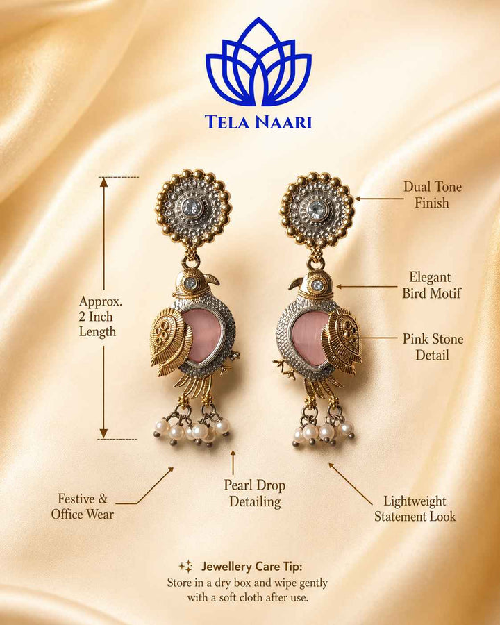 Charming bird silhouette pairs pearl drops with dual-tone plating.