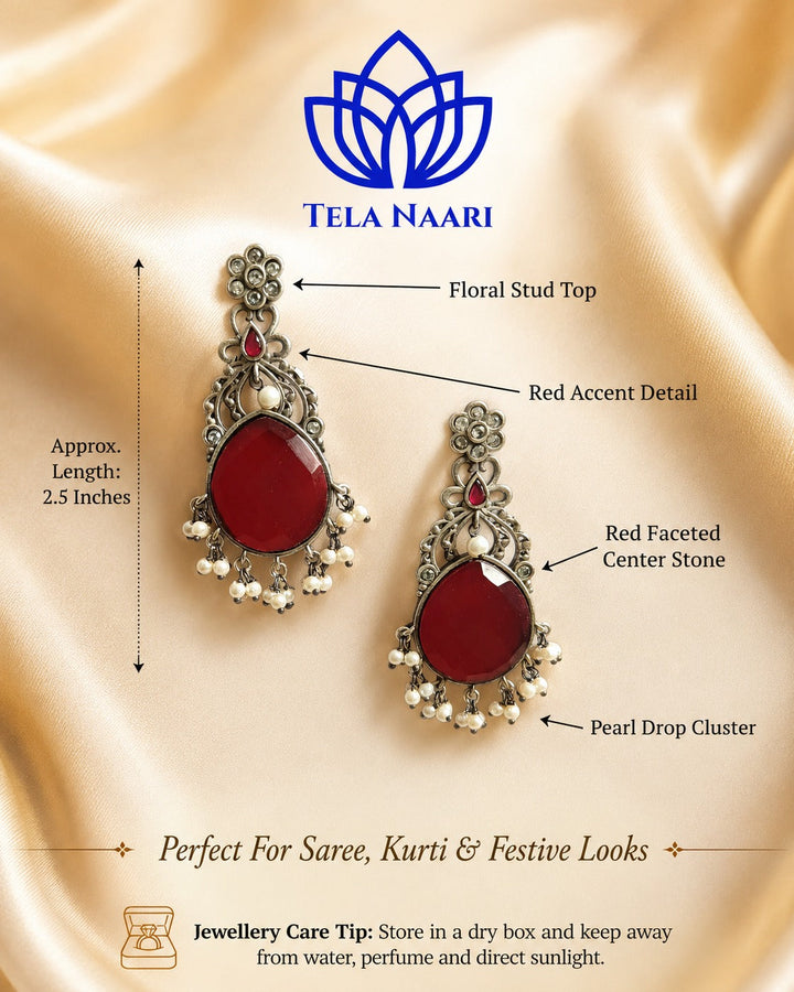 Artificial stone and glass beads combine in this red earring design.