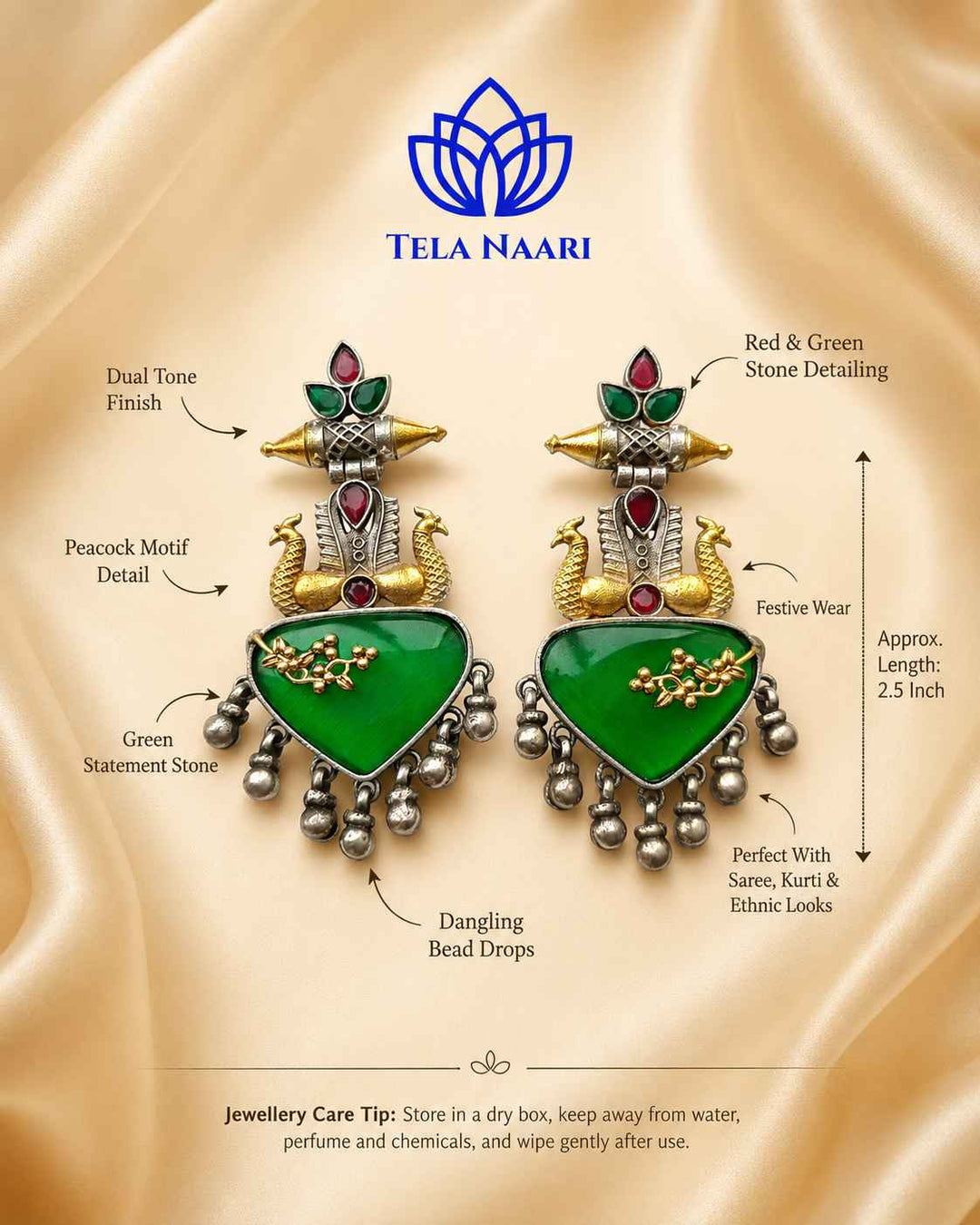 Push-back closure secures this green dual-tone earring in place.