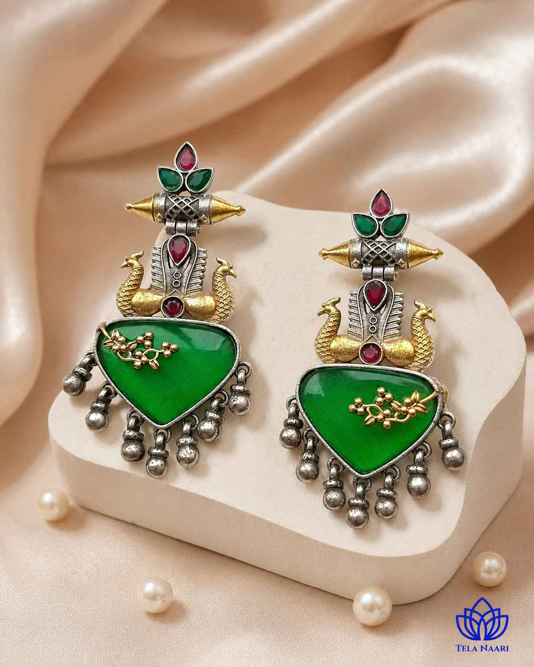 Dhruti green dual-tone silver-plated earrings by Tela Naari – view 1