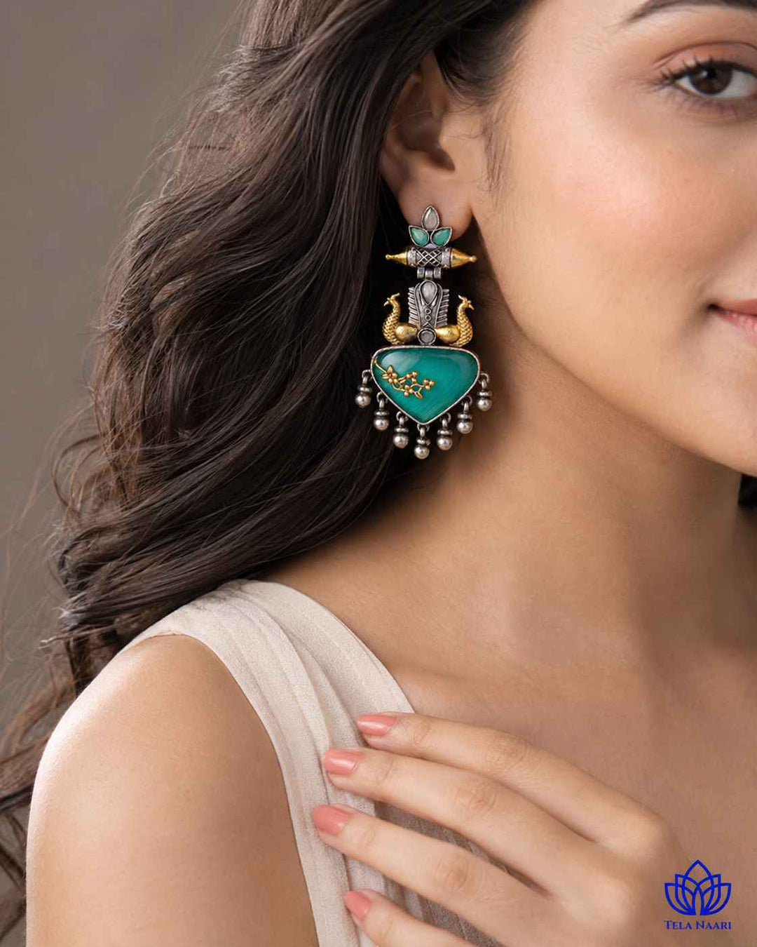 Dhruti sea green dual-tone silver-plated earrings by Tela Naari – view 10