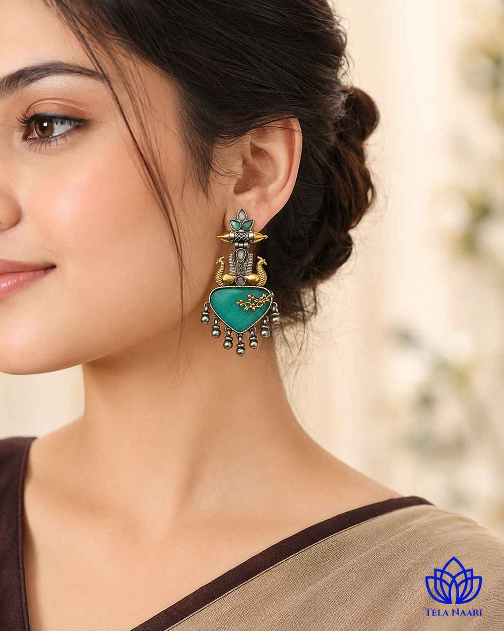 Dhruti sea green dual-tone silver-plated earrings by Tela Naari – view 2