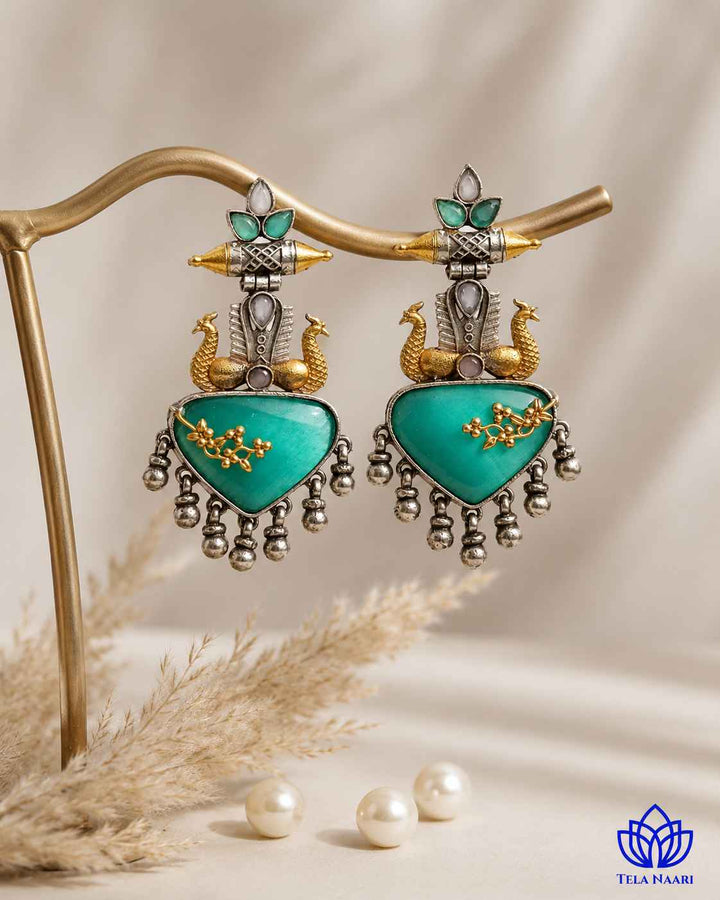 Dhruti sea green dual-tone silver-plated earrings by Tela Naari – view 4