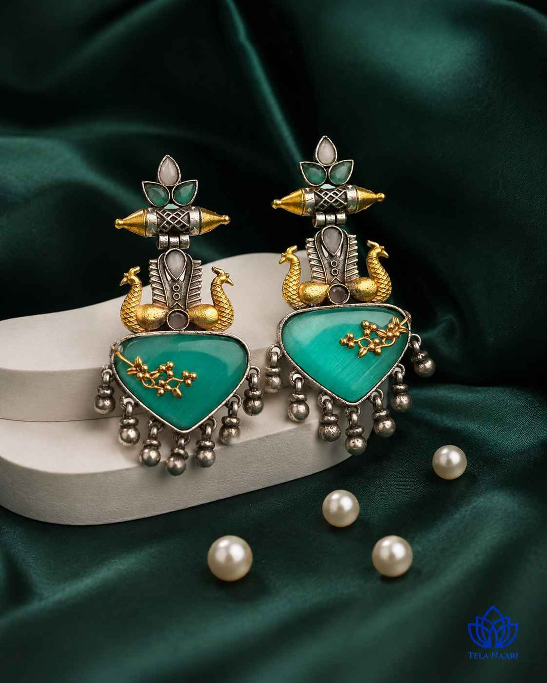 Dhruti sea green dual-tone silver-plated earrings by Tela Naari – view 5