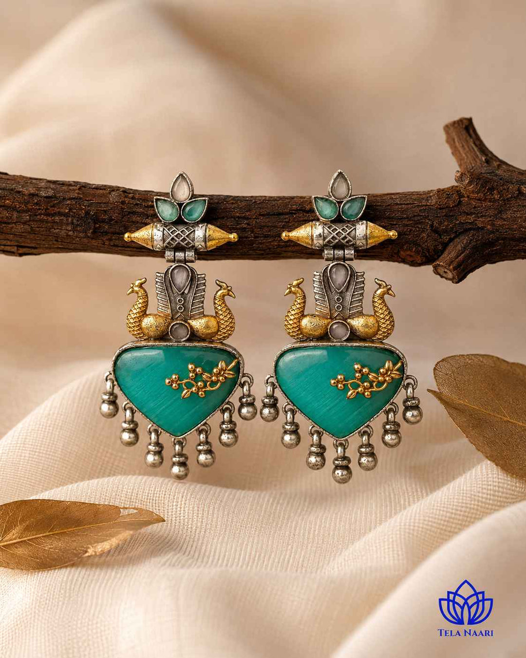 Dhruti sea green dual-tone silver-plated earrings by Tela Naari – view 8