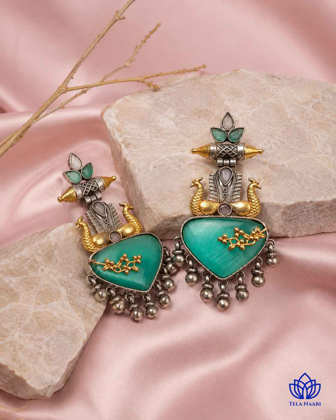 Dhruti sea green dual-tone silver-plated earrings by Tela Naari – view 9
