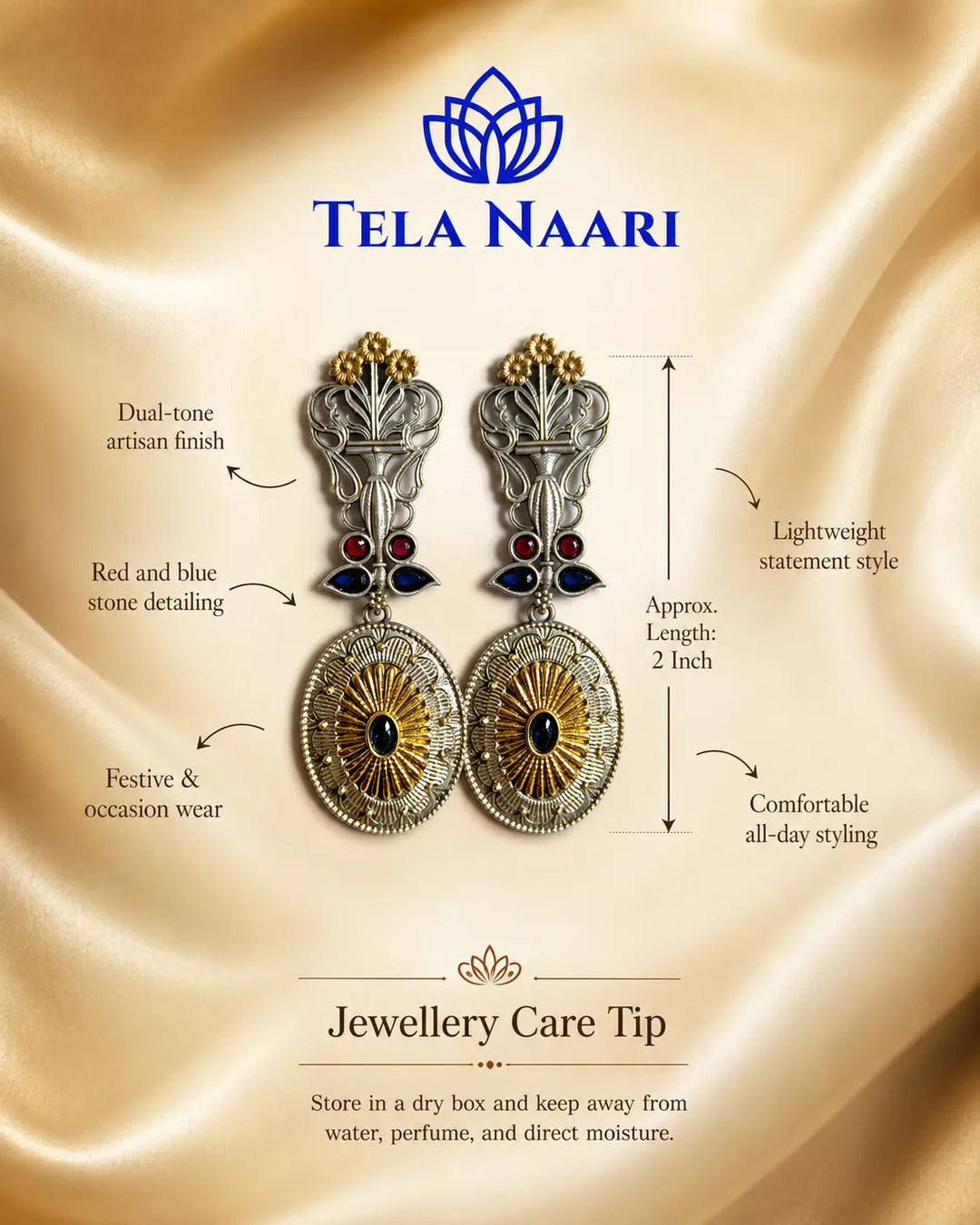 Contemporary silhouette blends peacock detailing with dual-tone plating.