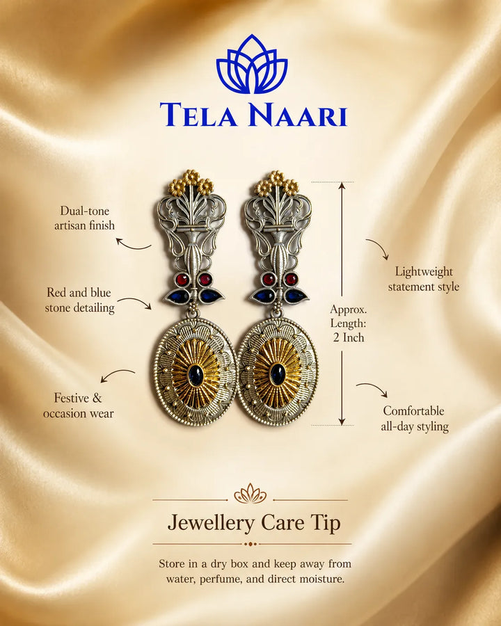 Contemporary silhouette blends peacock detailing with dual-tone plating.