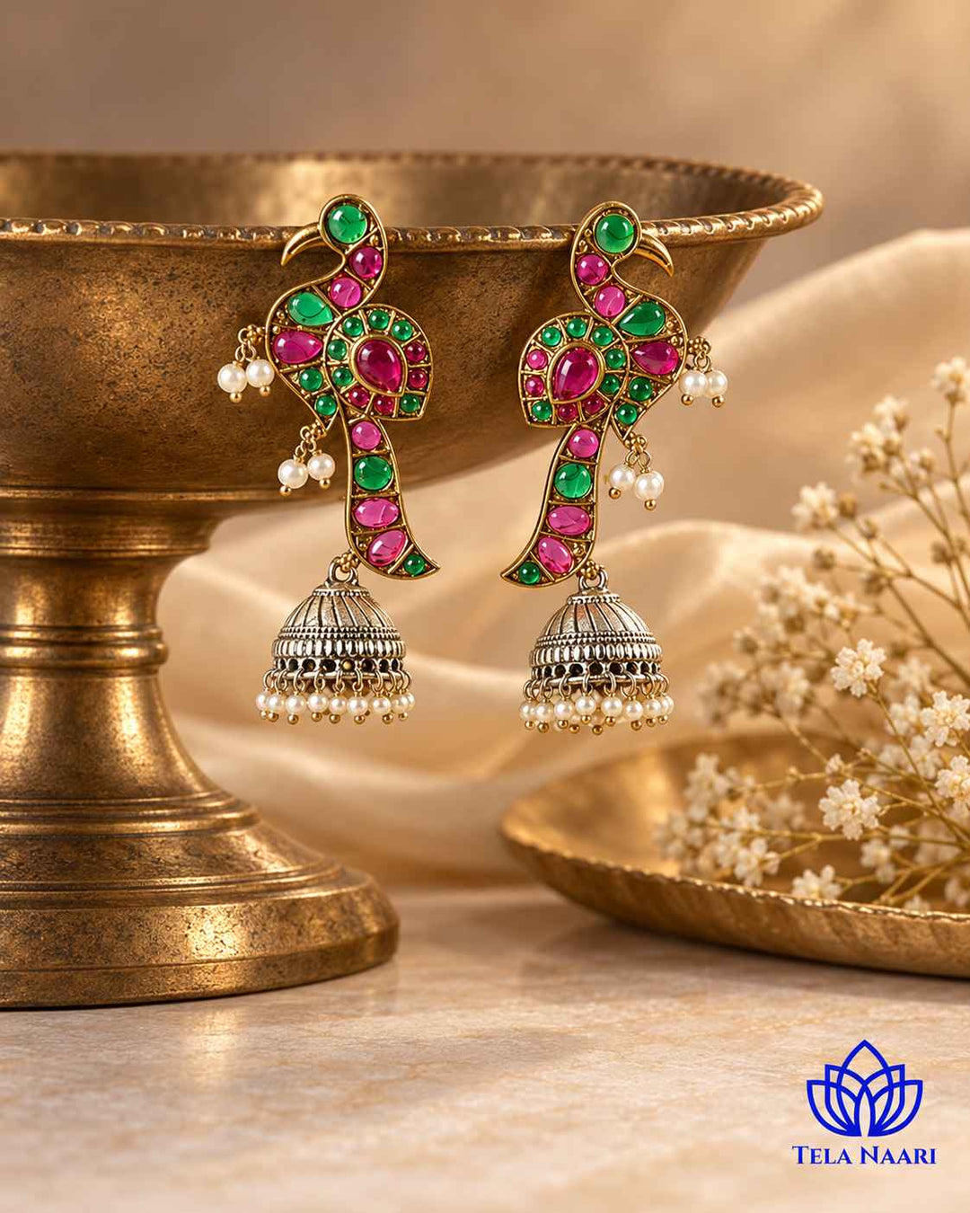 Three-inch drop silhouette defines the shape of this jhumka.