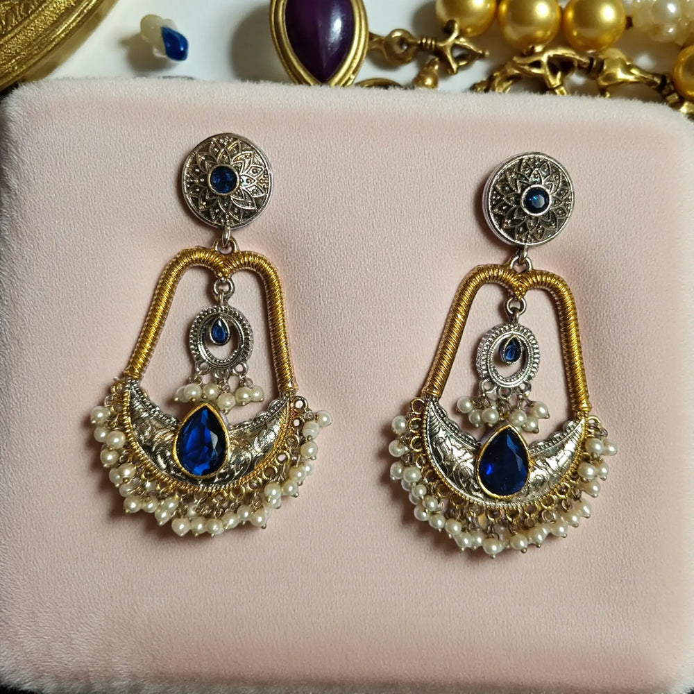 Eirum dual tone silver plated dangler earrings in blue – handcrafted ethnic jewellery by Tela Naari
