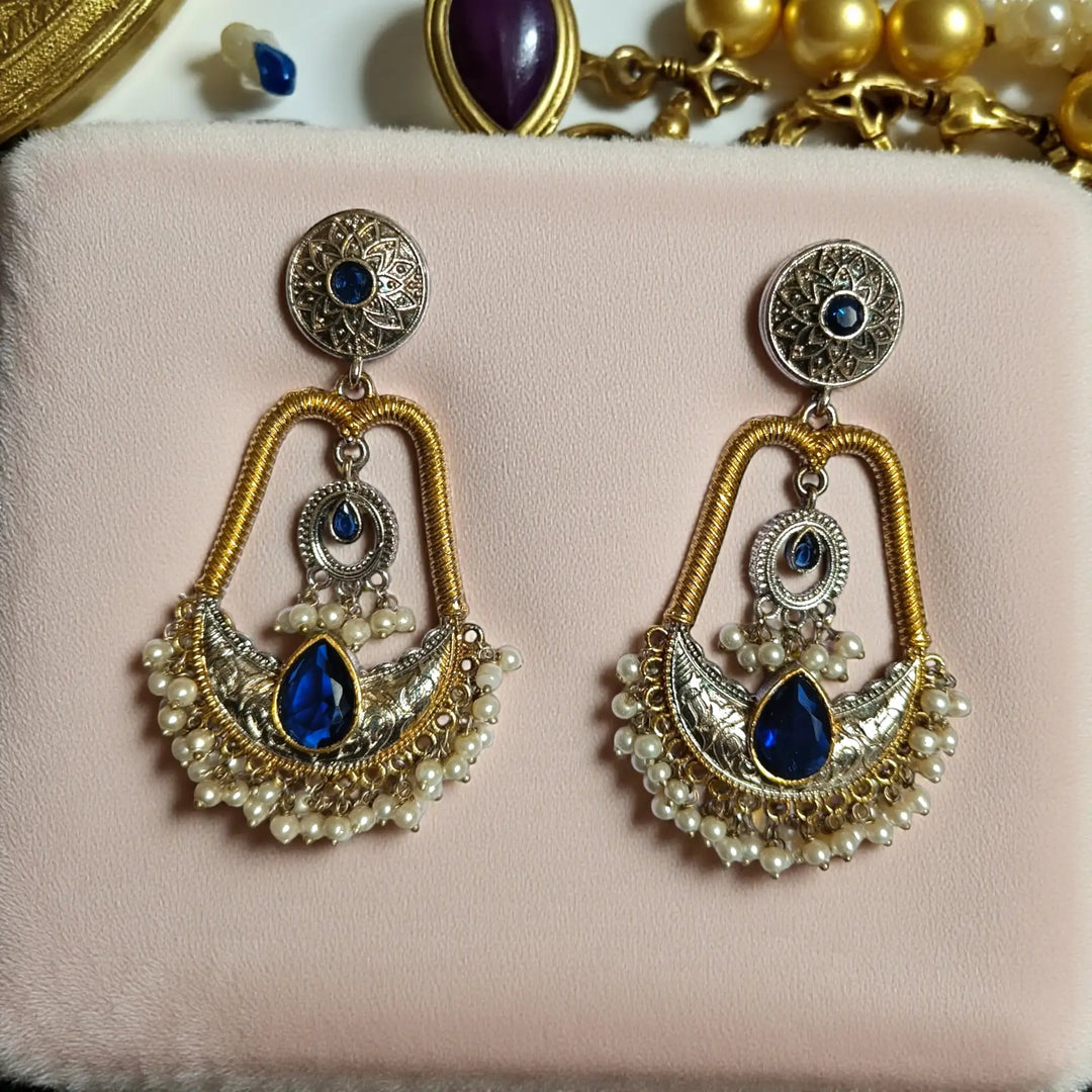 Eirum dual tone silver plated dangler earrings in blue – handcrafted ethnic jewellery by Tela Naari
