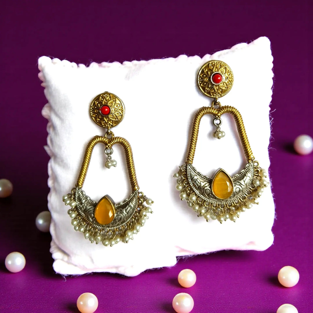 Eirum dual tone silver plated dangler earrings in yellow – elegant handcrafted festive jewellery by Tela Naari
