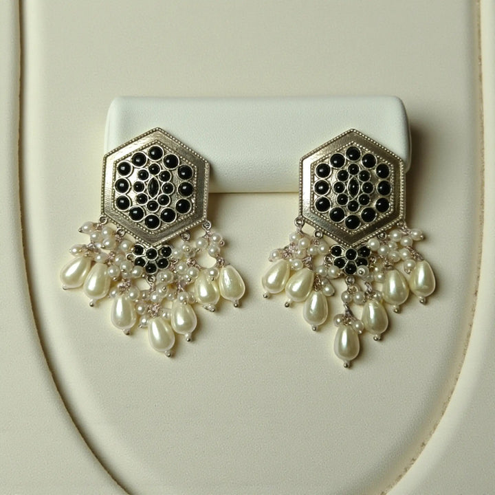 Elegant Gouri silver oxidised pearl earrings in black – handcrafted ethnic jewellery by Tela Naari
