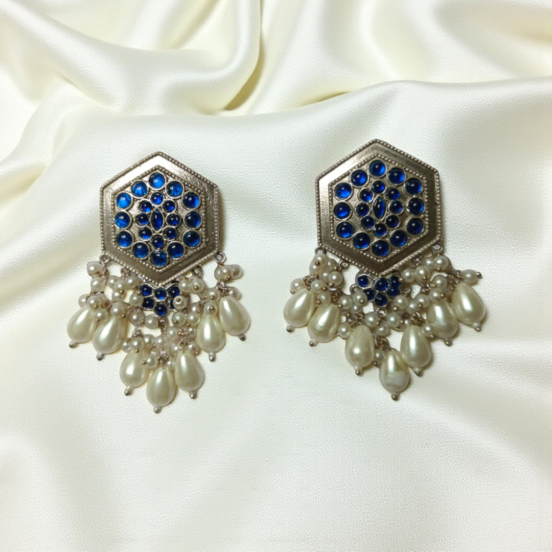 Elegant Gouri silver oxidised pearl earrings in blue – stylish handcrafted ethnic jewellery by Tela Naari
