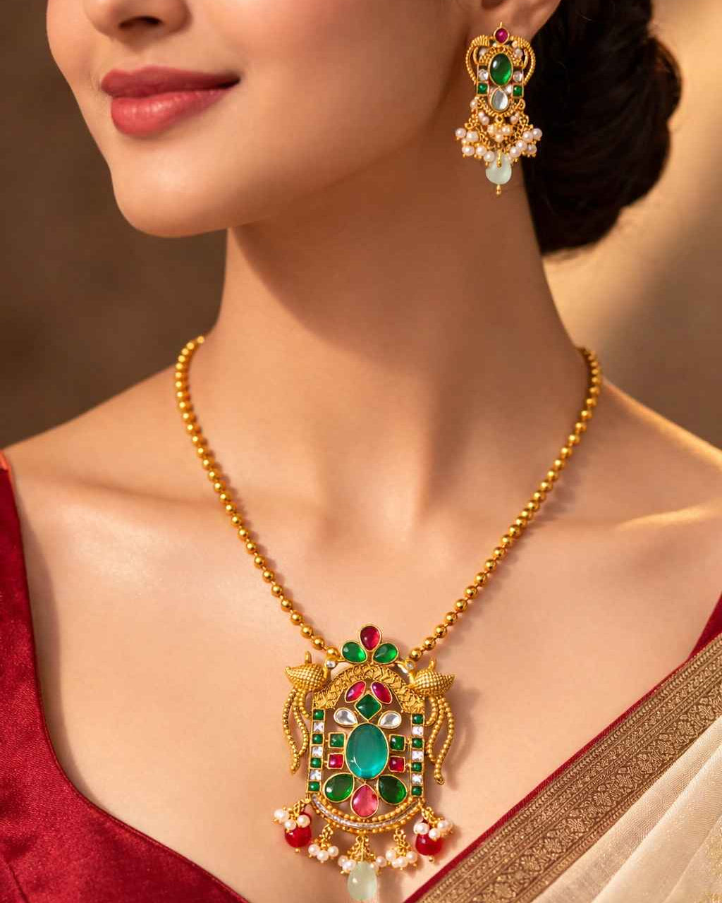 Luxurious emerald green stones shape the centrepiece of this pendant.