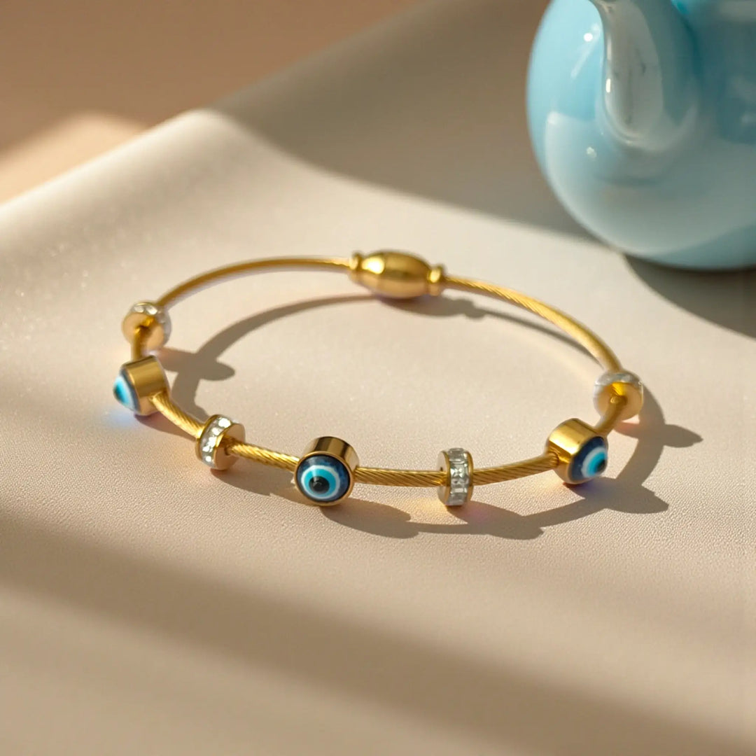 Evil Eye anti-tarnish cuff bracelet for women featuring a protective charm design from Tela Naari
