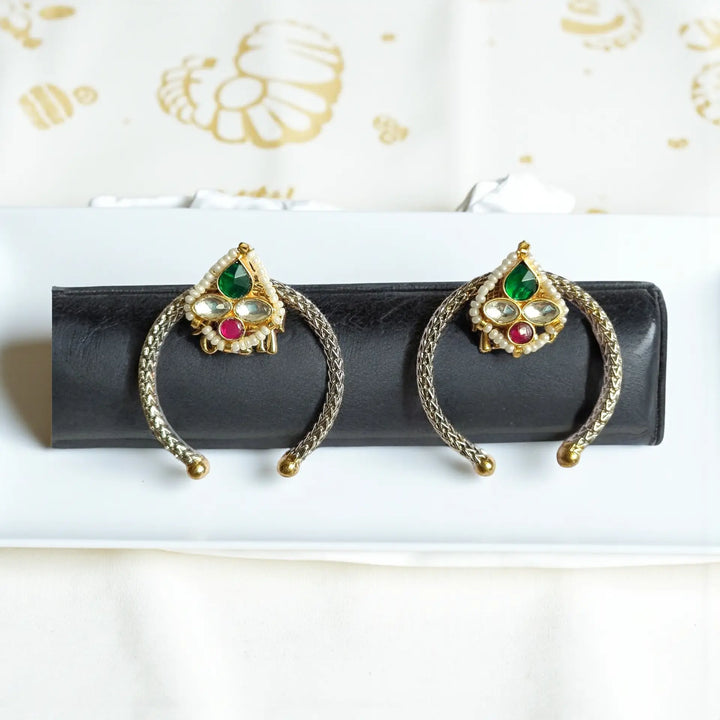 Abarna Dual Tone Pachi Kundan Fusion Silver Plated Stud Earrings