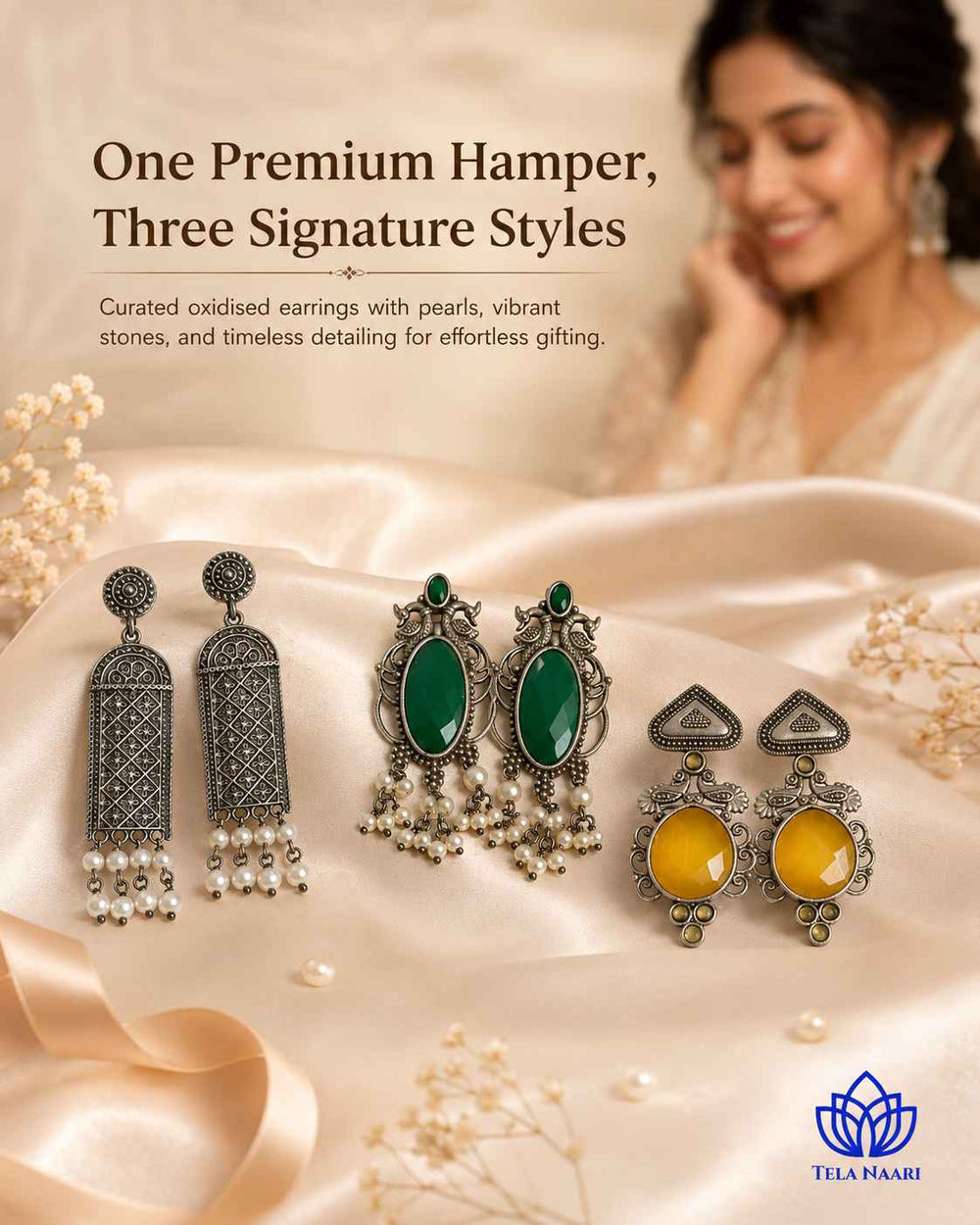 Festive dual-tone earrings from the Cynthia Hamper, a Janmashtami gift for bhabhi