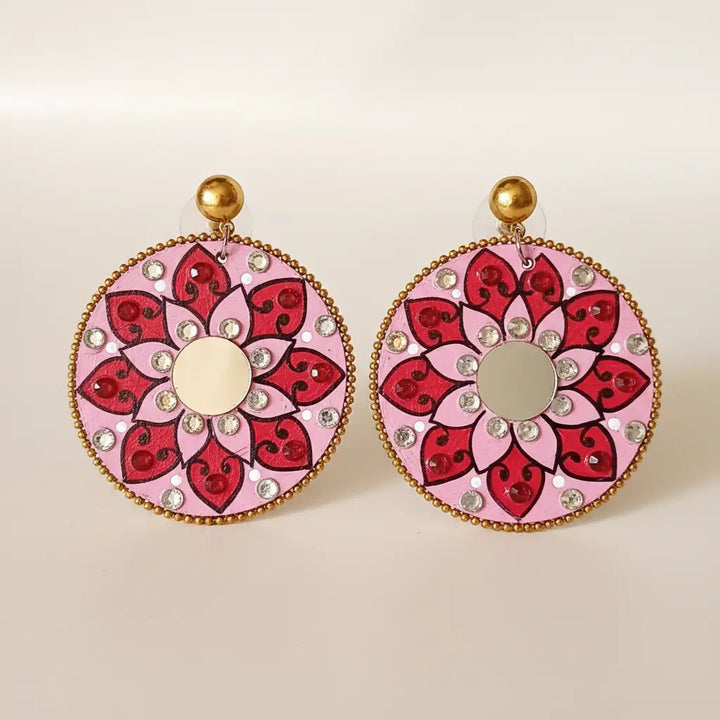 HANDMADE MANDALA PINK HAND FLORAL PAINTED EARRINGS