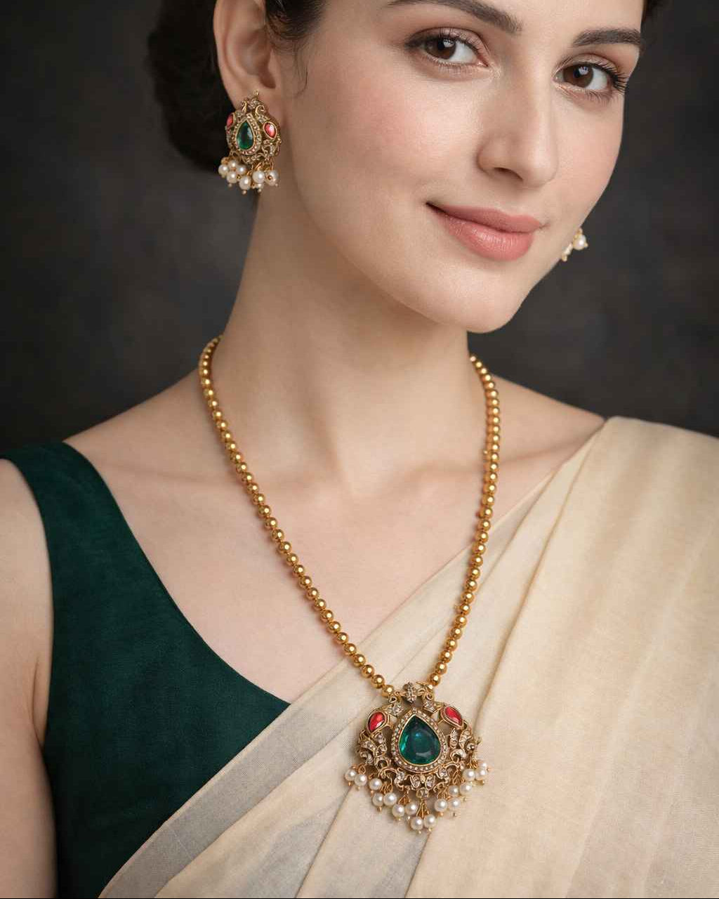 Green stone pendant shapes the centrepiece of this necklace set.