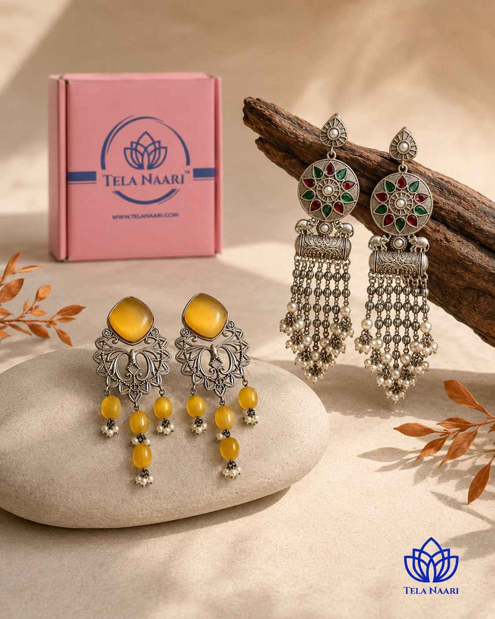 Hamper duo of earrings from Alora with traditional motifs, a gift for bhabhi