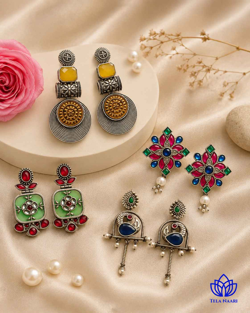 Hamper quartet of earrings from Alora with traditional motifs, a gift for bhabhi