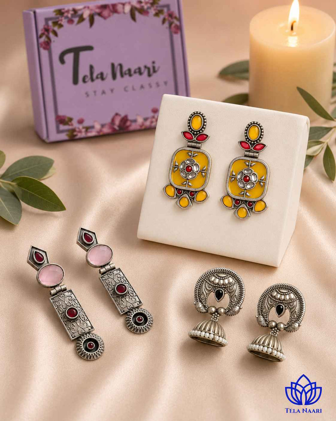 Hamper trio of earrings from Arabella with traditional motifs, a gift for bhabhi