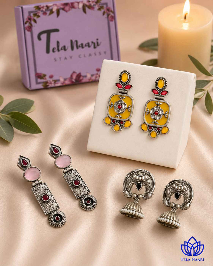 Hamper trio of earrings from Arabella with traditional motifs, a gift for bhabhi