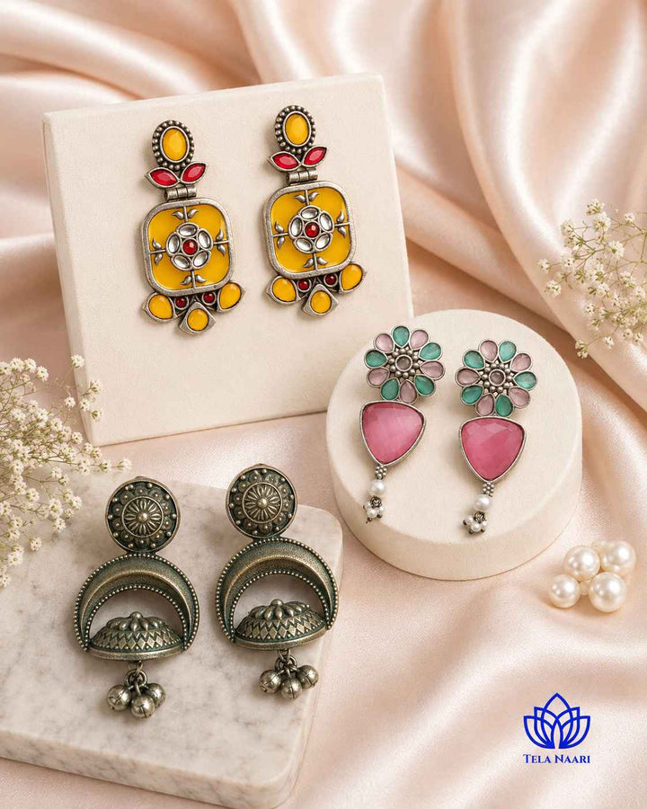 Hamper trio of earrings from Aria with traditional motifs, a gift for bhabhi