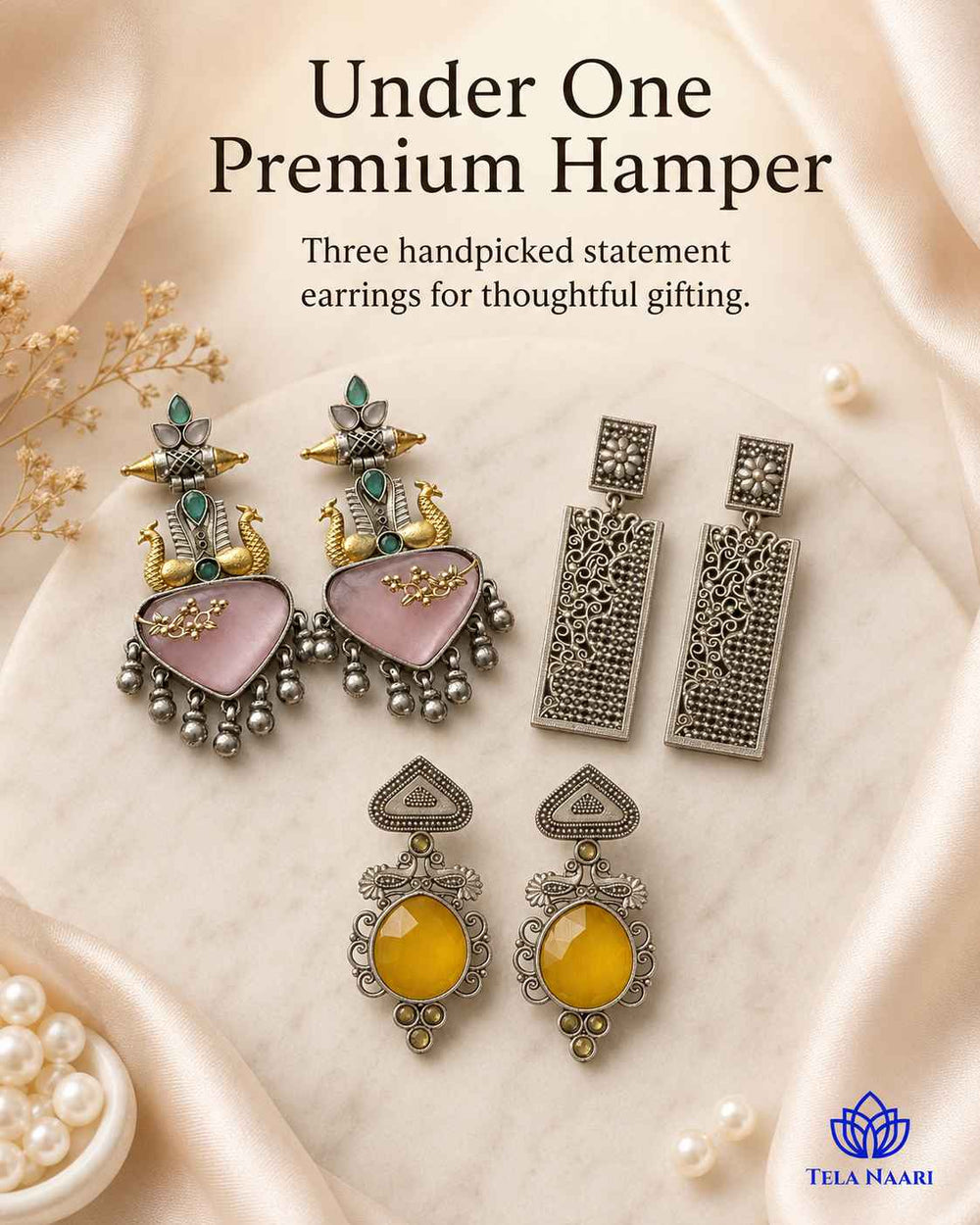 Hamper trio of earrings from Isabella with traditional motifs, a gift for bhabhi